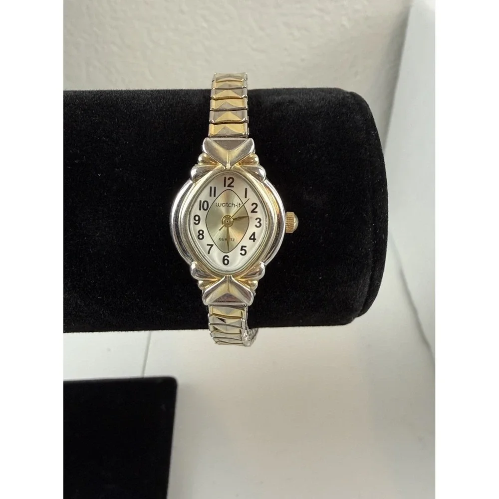 Watch It 90s Vintage Gold Silver 2 Tone Oval Quartz Stretch Band Bracelet Watch